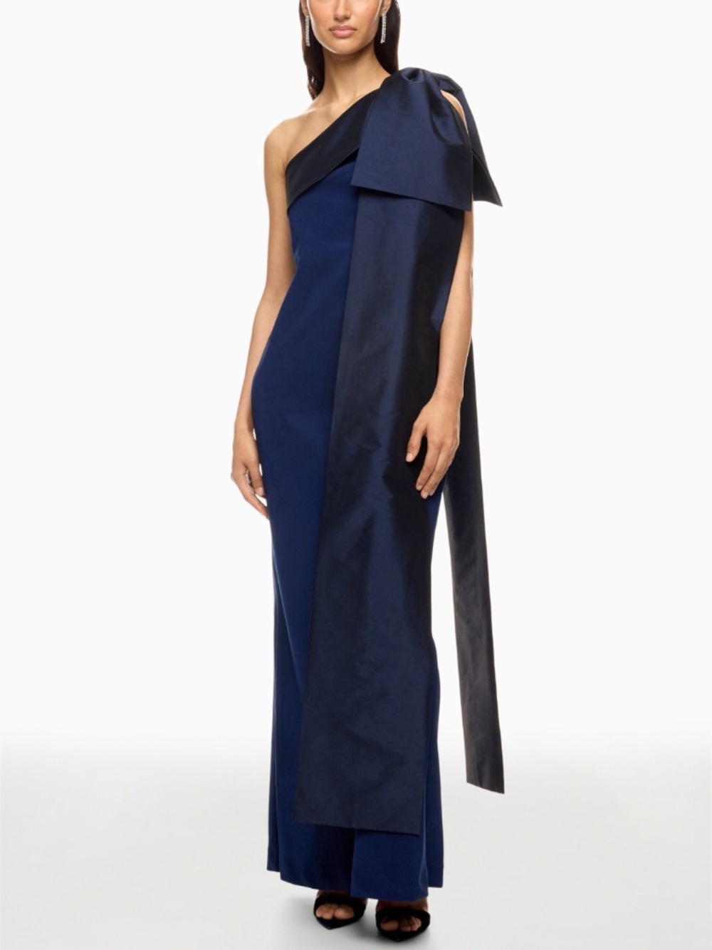 Bernadette Adrian One Shoulder Gown Maxi Dress Navy Blue Bow - Size 38 = US 6